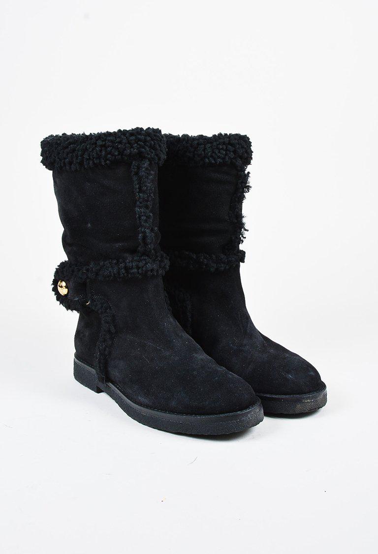 Louis Vuitton Black Suede Genuine Shearling Mid Calf Boots - Lyst