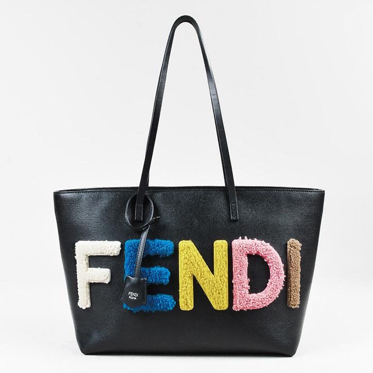 Fendi $1600 Black Multicolor Coated Leather Shearling Logo Small &quot;roll&quot; Tote - Lyst