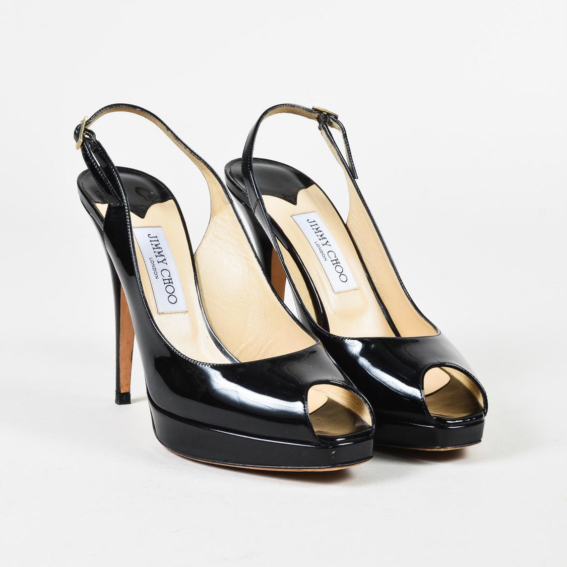 black patent leather slingback heels