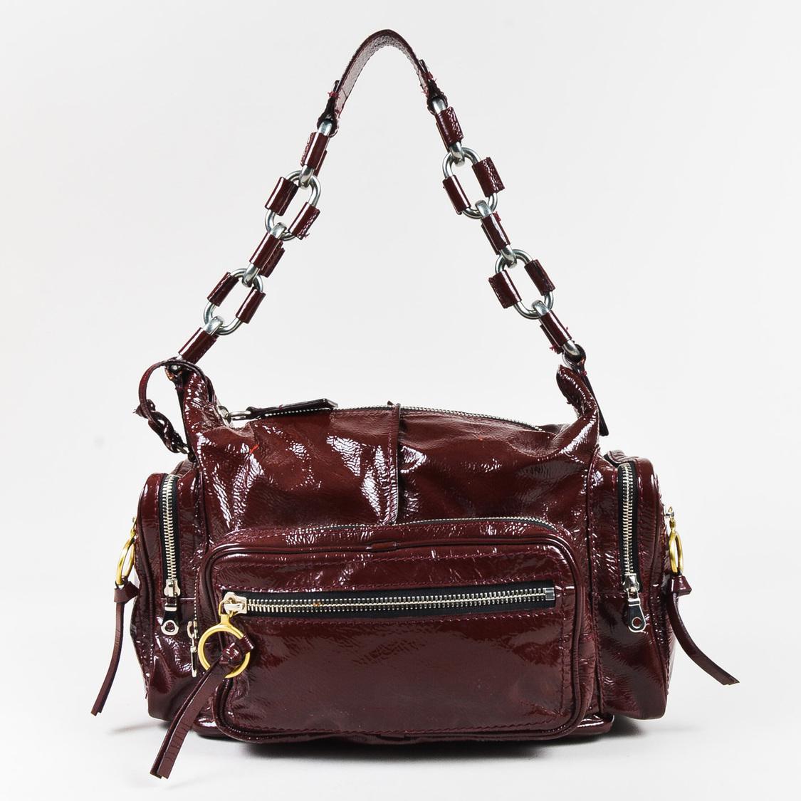 Chloé Burgundy Red Patent Leather Zip Pocket Chain Strap "betty
