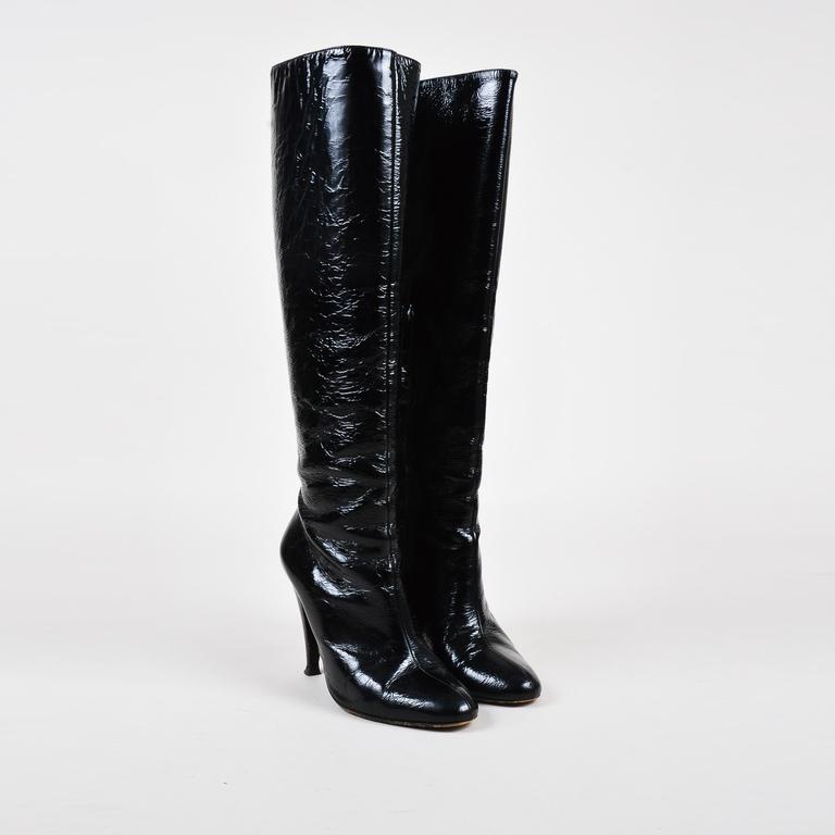 black patent knee high heeled boots