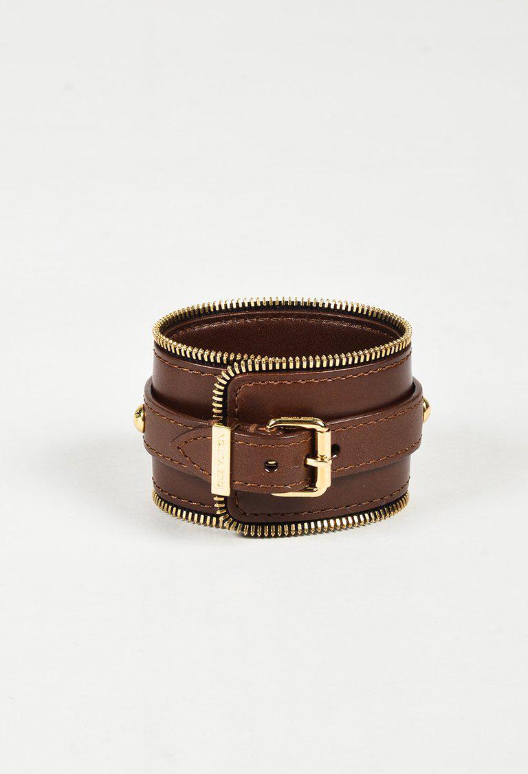 Louis Vuitton Brown Leather Gold Plated Brass Buckled &quot;zippy&quot; Cuff Bracelet for Men - Lyst