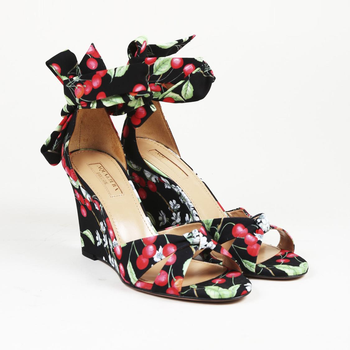 Aquazzura Synthetic "wedge All Tied Up" Black Cherry Blossom Sandals Lyst