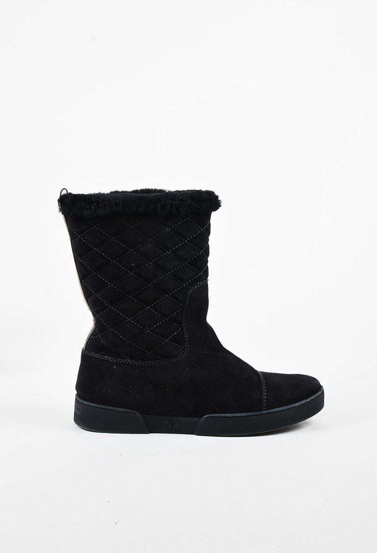 Louis Vuitton Black Quilted Suede Faux Fur Lined Platform Mid Calf Boots - Lyst