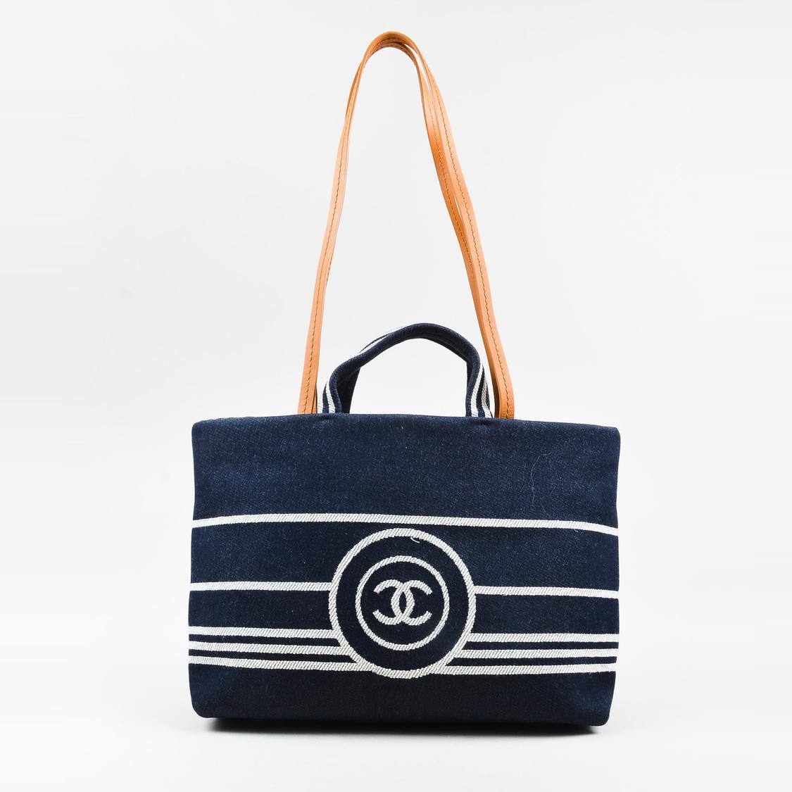 blue and white striped tote bag
