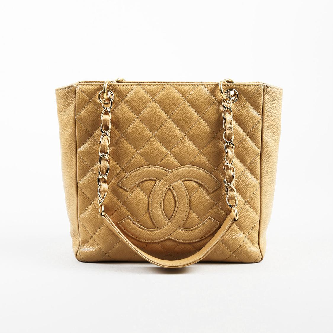 Chanel Tan Quilted Caviar Leather Chain Link Petite Shopping Tote Bag in Beige (Natural) - Lyst