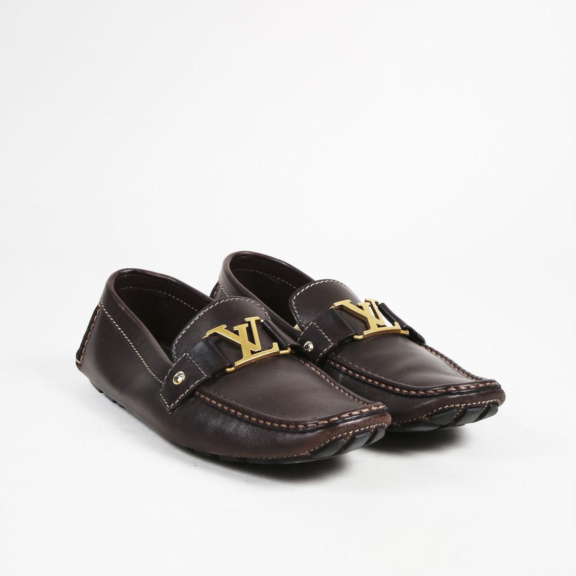 Louis Vuitton Mens Brown Leather Gold Tone &#39;lv&#39; Loafers for Men - Lyst