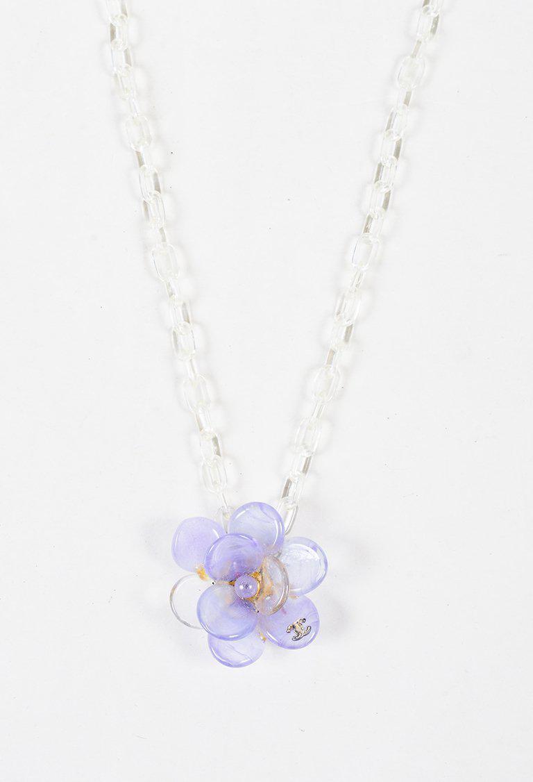 Womens Spring 2001 Purple Clear Acrylic Camellia Flower Pendant Necklace - 