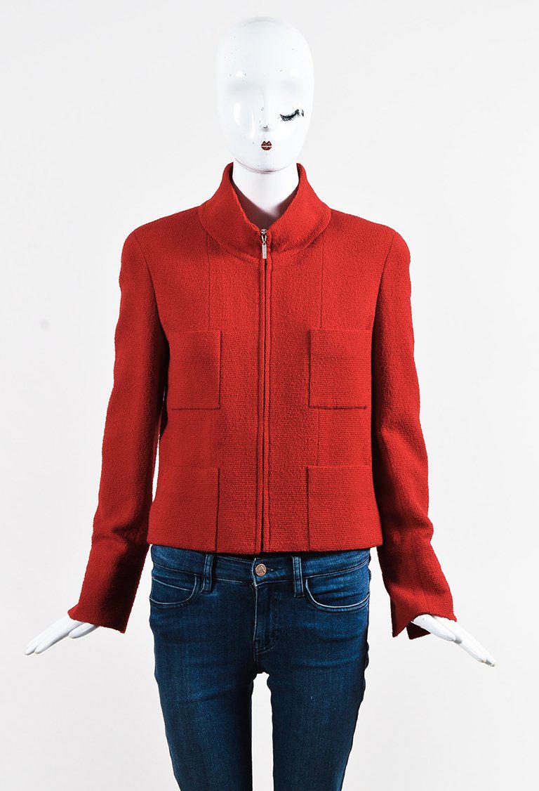 Download Chanel Red Wool Blend Mock Neck Zip Up Jacket - Lyst