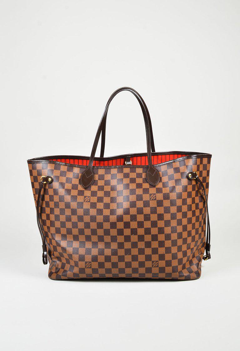 Louis Vuitton &quot;ebene&quot; Brown Damier Canvas Leather &quot;neverfull&quot; Gm Tote W/pouch in Red - Lyst