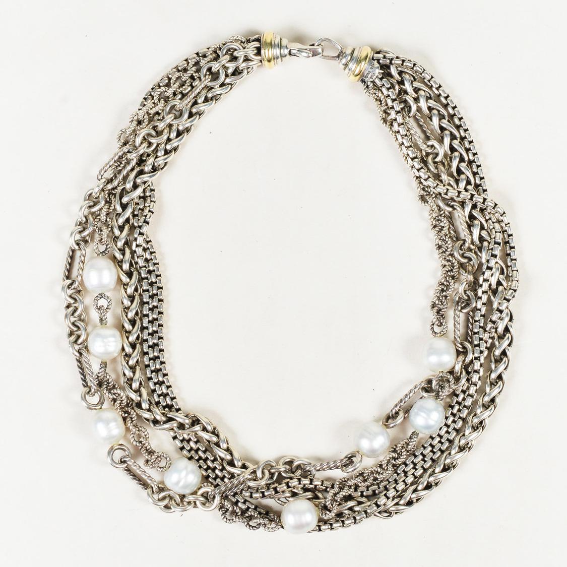 David Yurman Sterling Silver 18k Gold & Pearls Multi Strand Necklace in