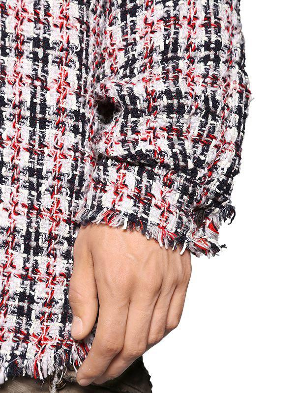 Faith Connexion Oversized Raw Cut Tweed Shirt in Navy/Red (Red Faith Connexion Oversized Raw Cut Tweed Shirt in Navy/Red (Red