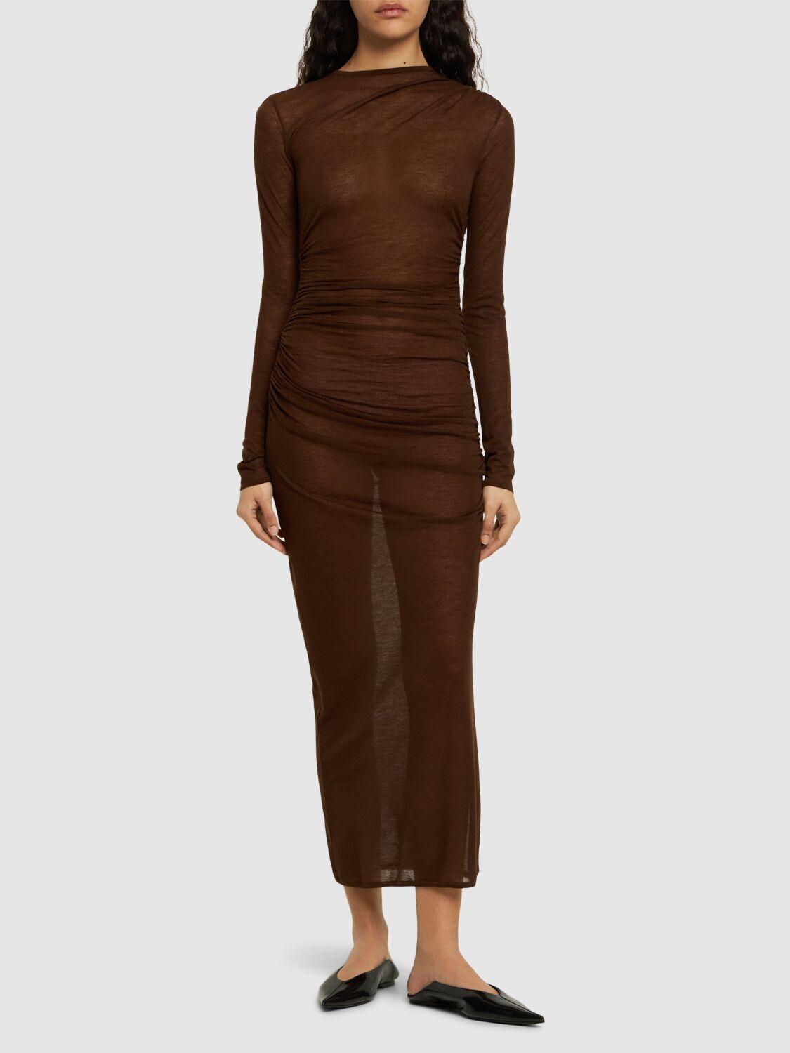 Saint Laurent Transparent Wool Blend Long Dress in Brown | Lyst