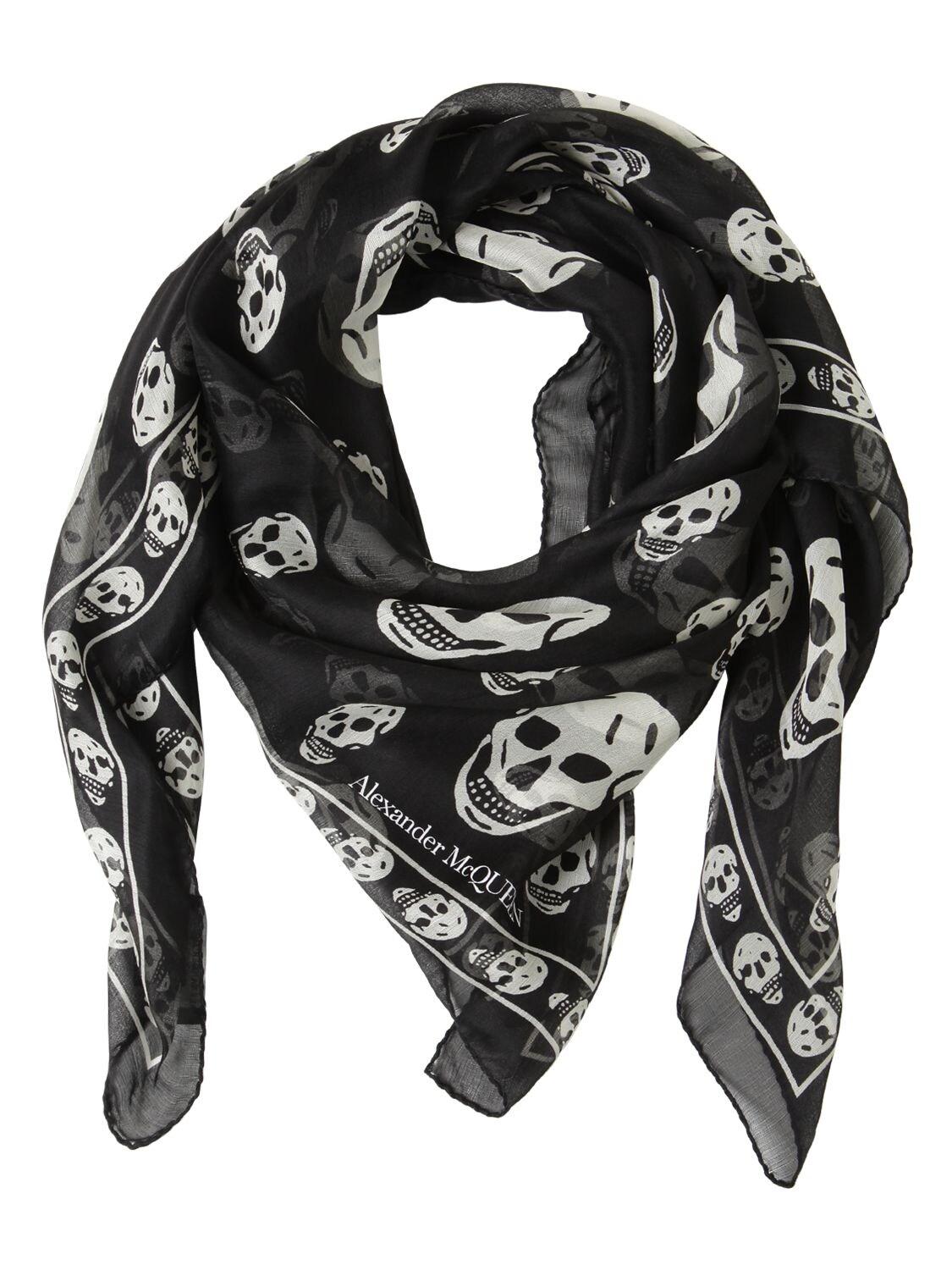Alexander McQueen Skull Printed Silk Chiffon Scarf in Black/Ivory