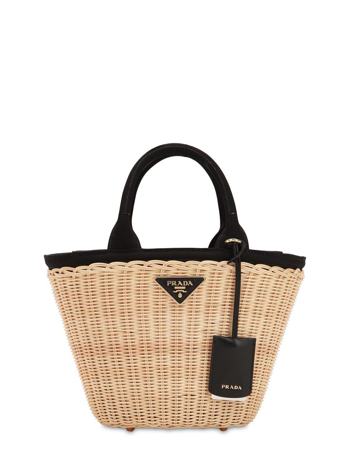 Prada Wicker And Canvas Basket Bag in Black | Lyst