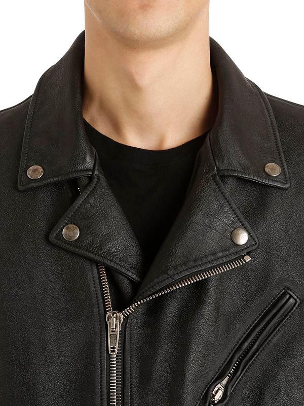 Men S Black Painted Effect Leather Biker Jacket