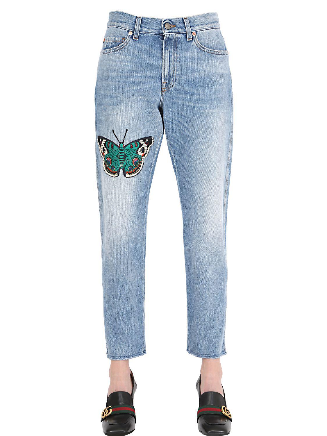 Gucci Boyfriend Butterfly Patch Denim Jeans in Blue | Lyst