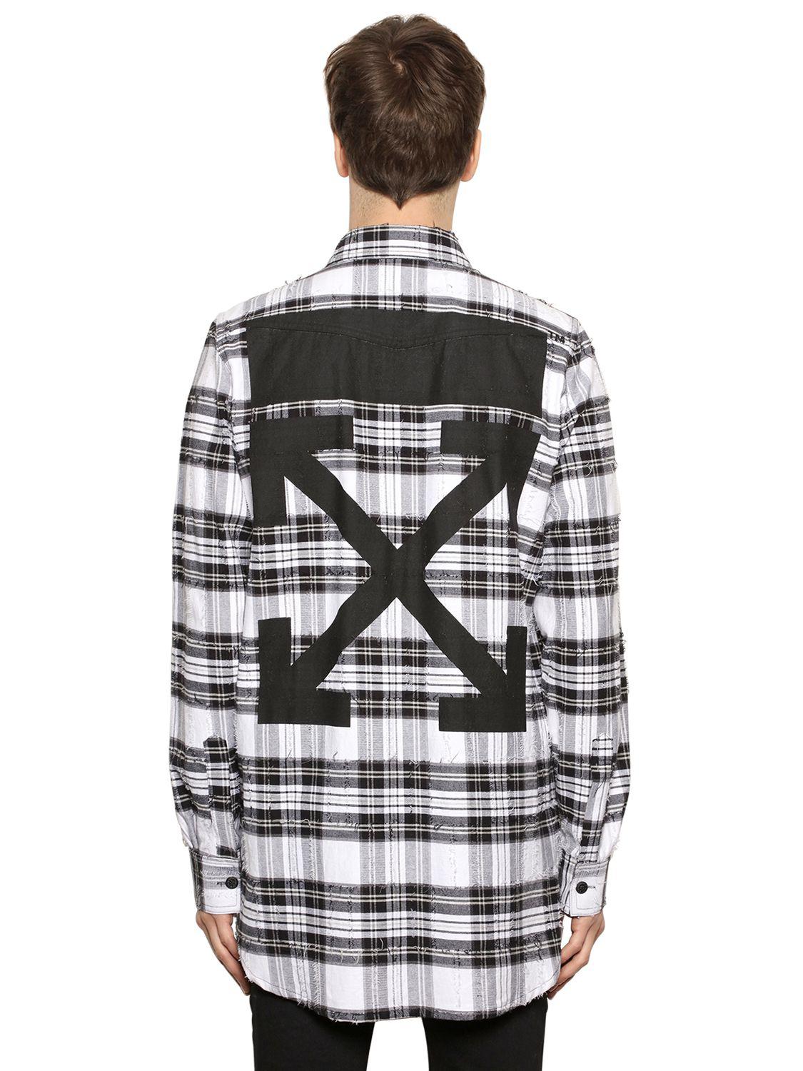 Off-White c/o Virgil Abloh Flannel Distressed Checked Cotton Shirt in Black/ White (Black) for Men - Lyst