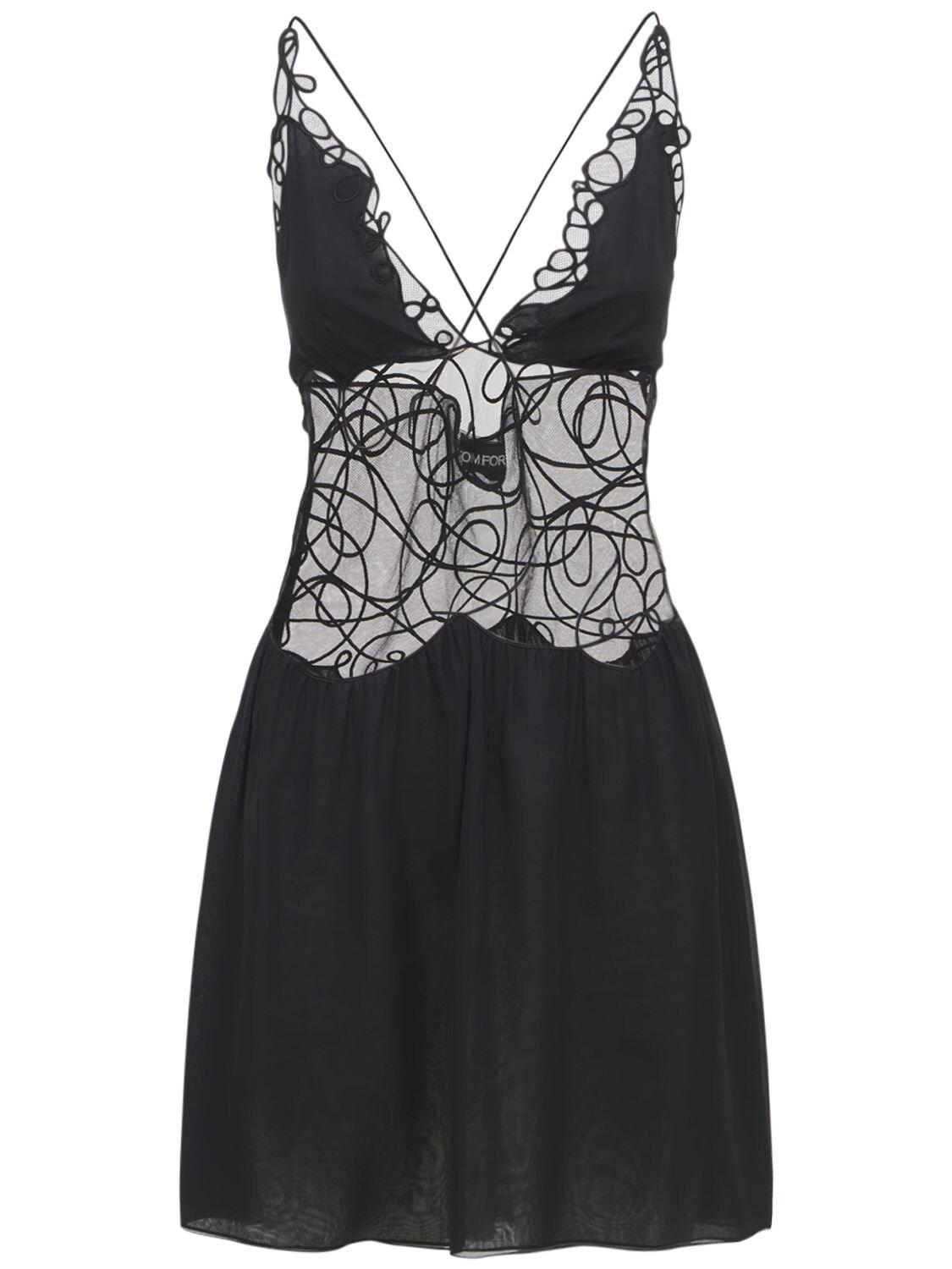 Tom Ford Embroidered Silk Georgette Mini Dress in Black | Lyst