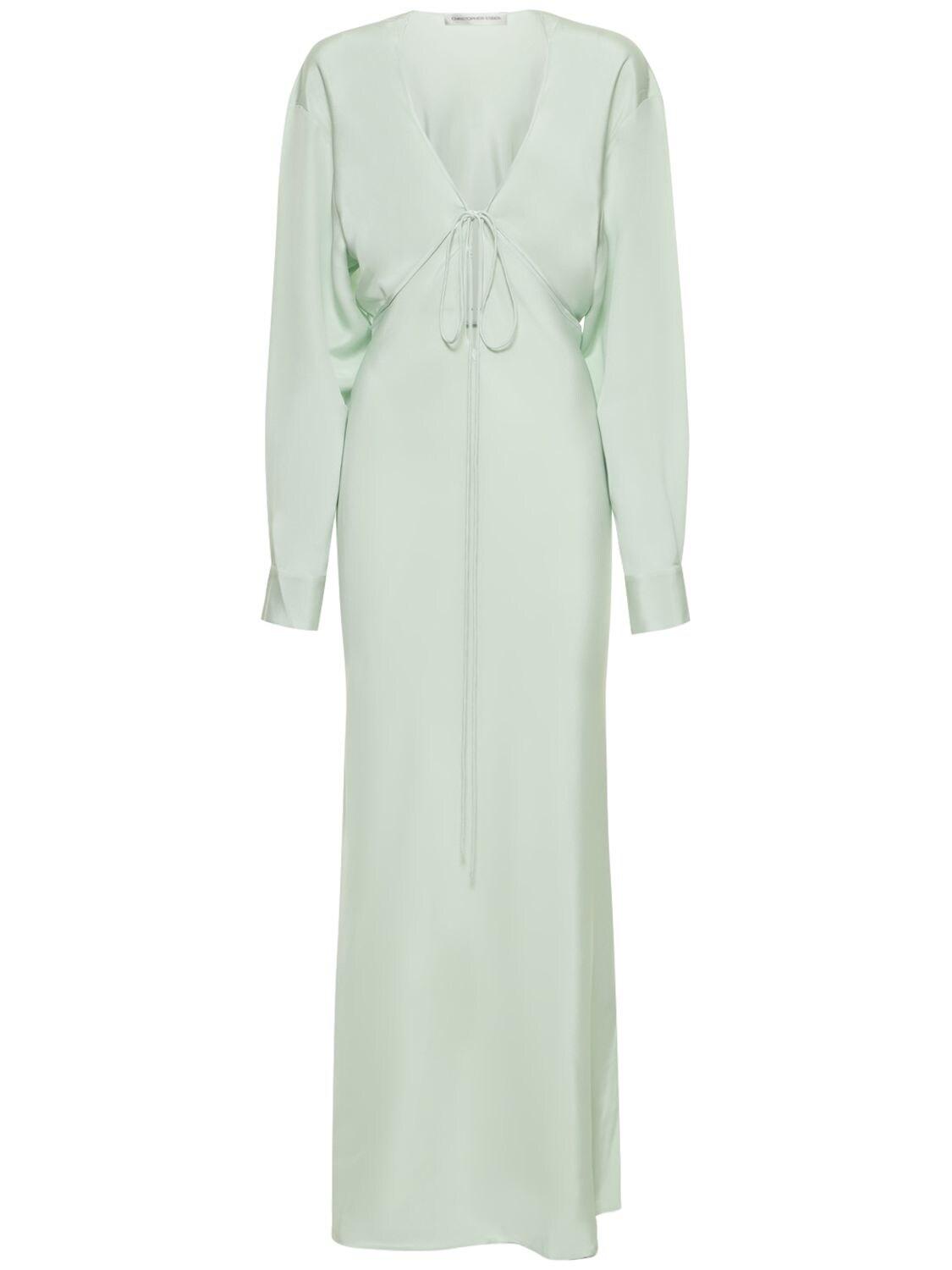 Christopher Esber Cutout Long Sleeve Silk Satin Long Dress in Green ...
