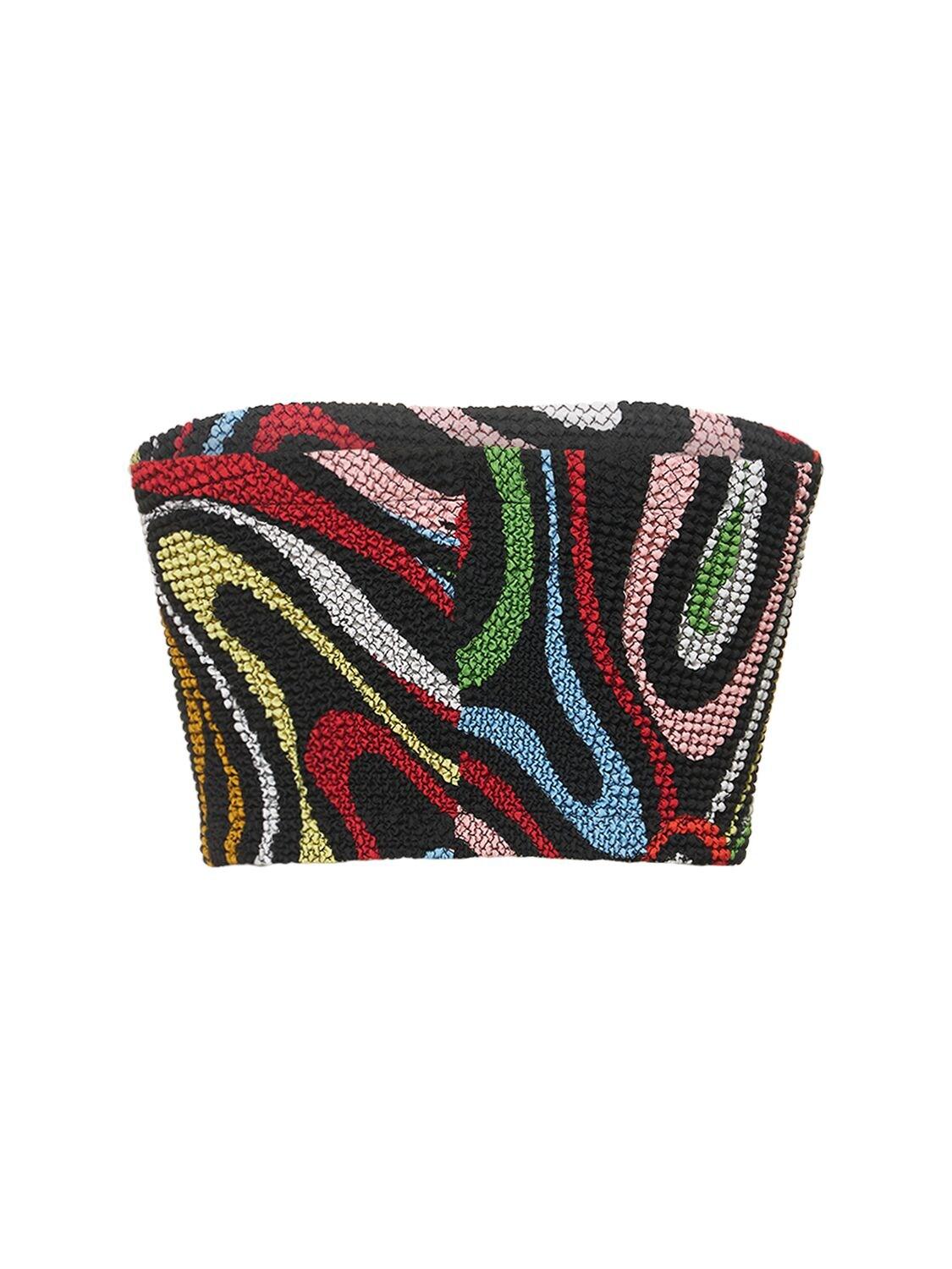 Emilio Pucci Smocked Marmo Print Strapless Top in Black