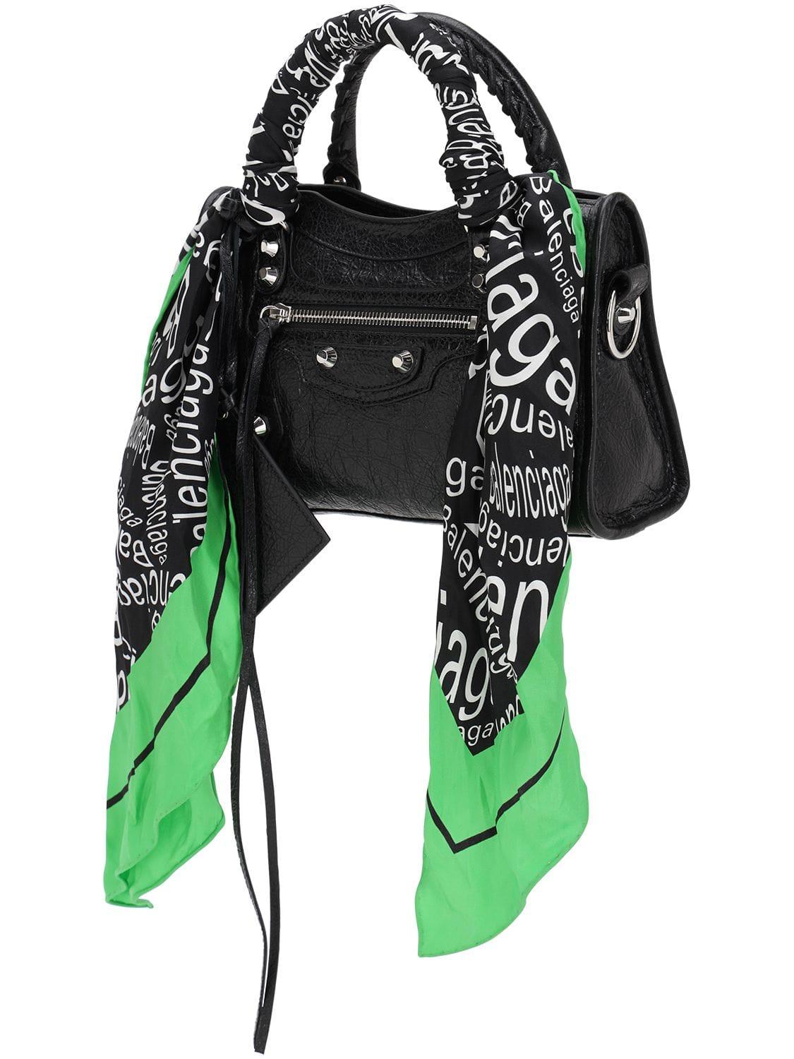 Balenciaga Mini City Printed Silk Scarf Leather Bag in Black | Lyst