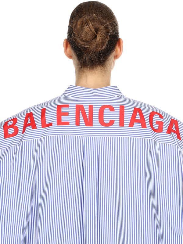 Balenciaga Oversize Logo Print Striped Poplin Shirt in Red/White 