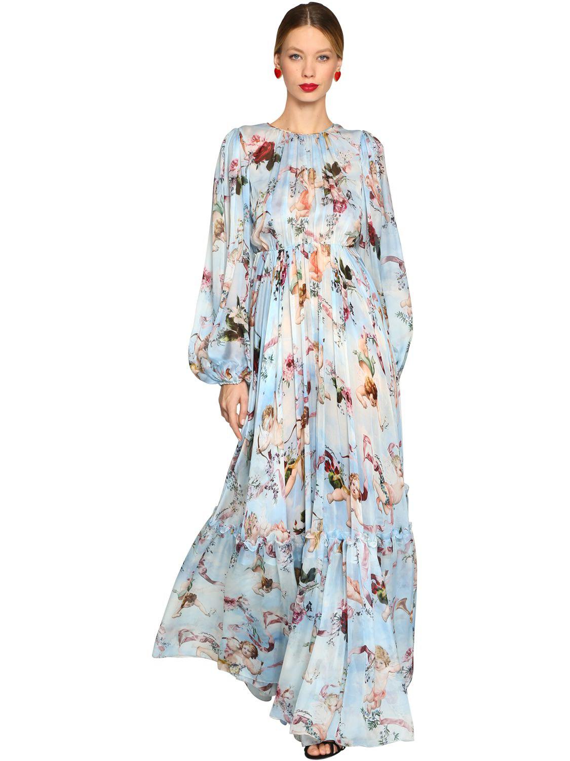 Robe Longue En Mousseline De Soie Imprimé Anges Dolce & Gabbana en coloris  Bleu | Lyst