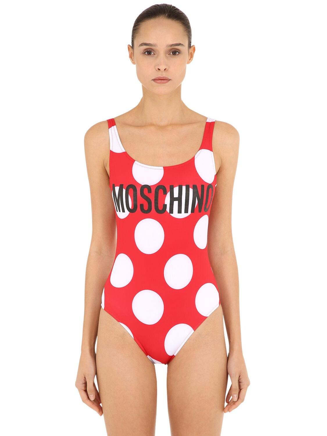 Moschino Polka Dots Logo One Piece Swimsuit In Red White Red Lyst