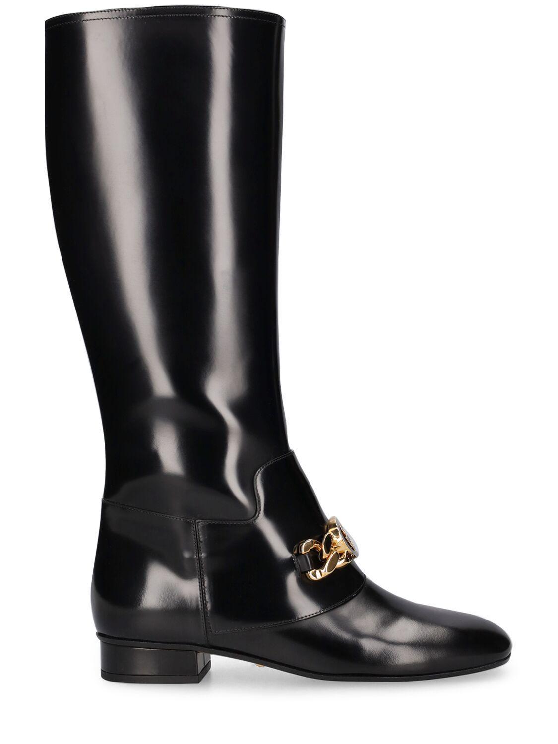 Gucci 25mm Interlocking G Leather Chain Boots in Black | Lyst