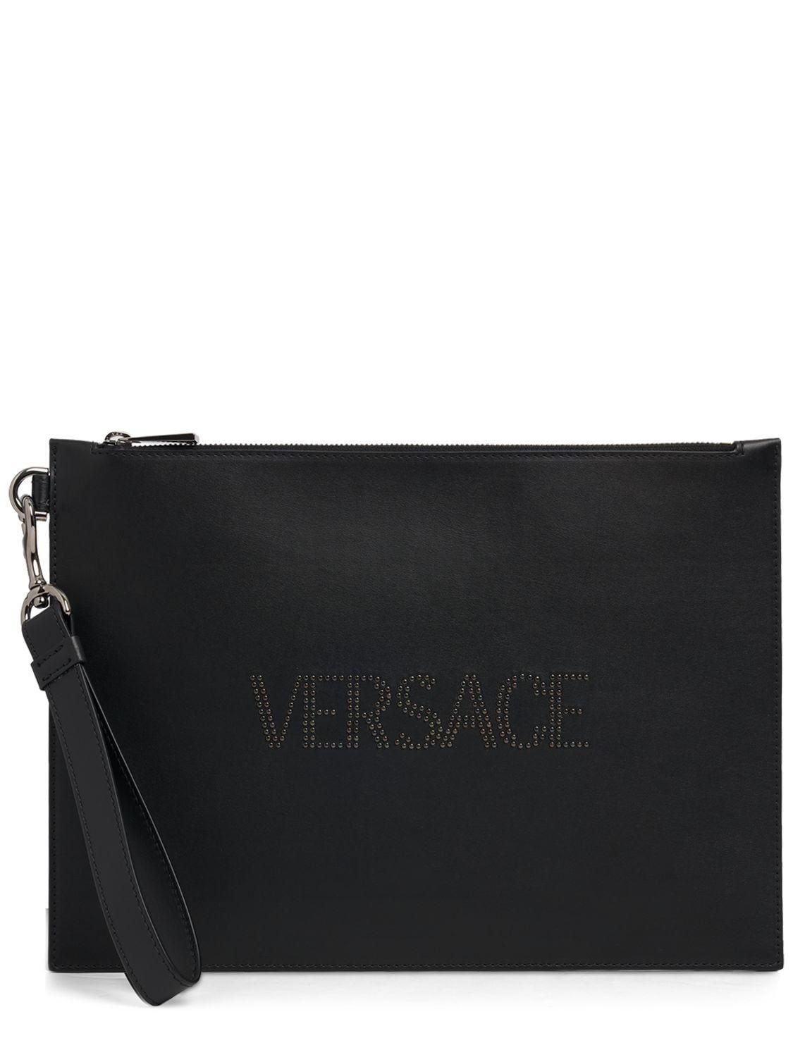 Versace Studded Logo Leather Flat Pouch in Black for Men | Lyst