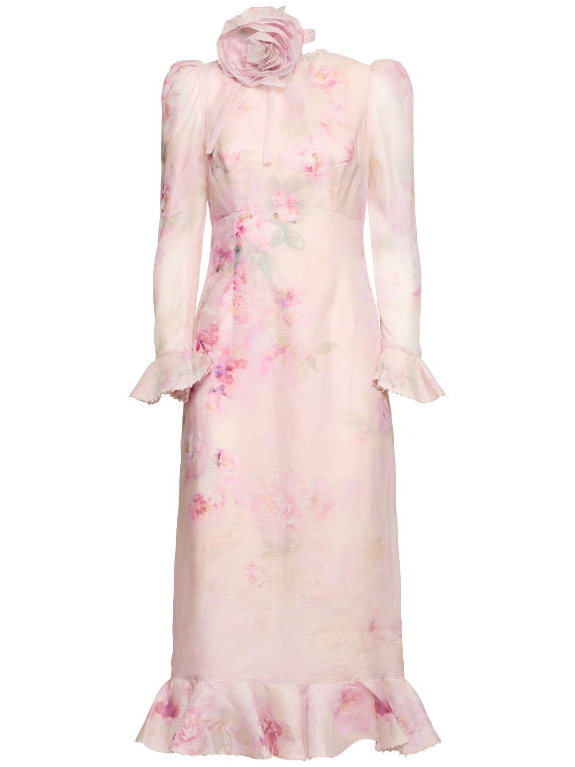 Zimmermann Crush Linen & Silk Midi Dress in Pink | Lyst Canada