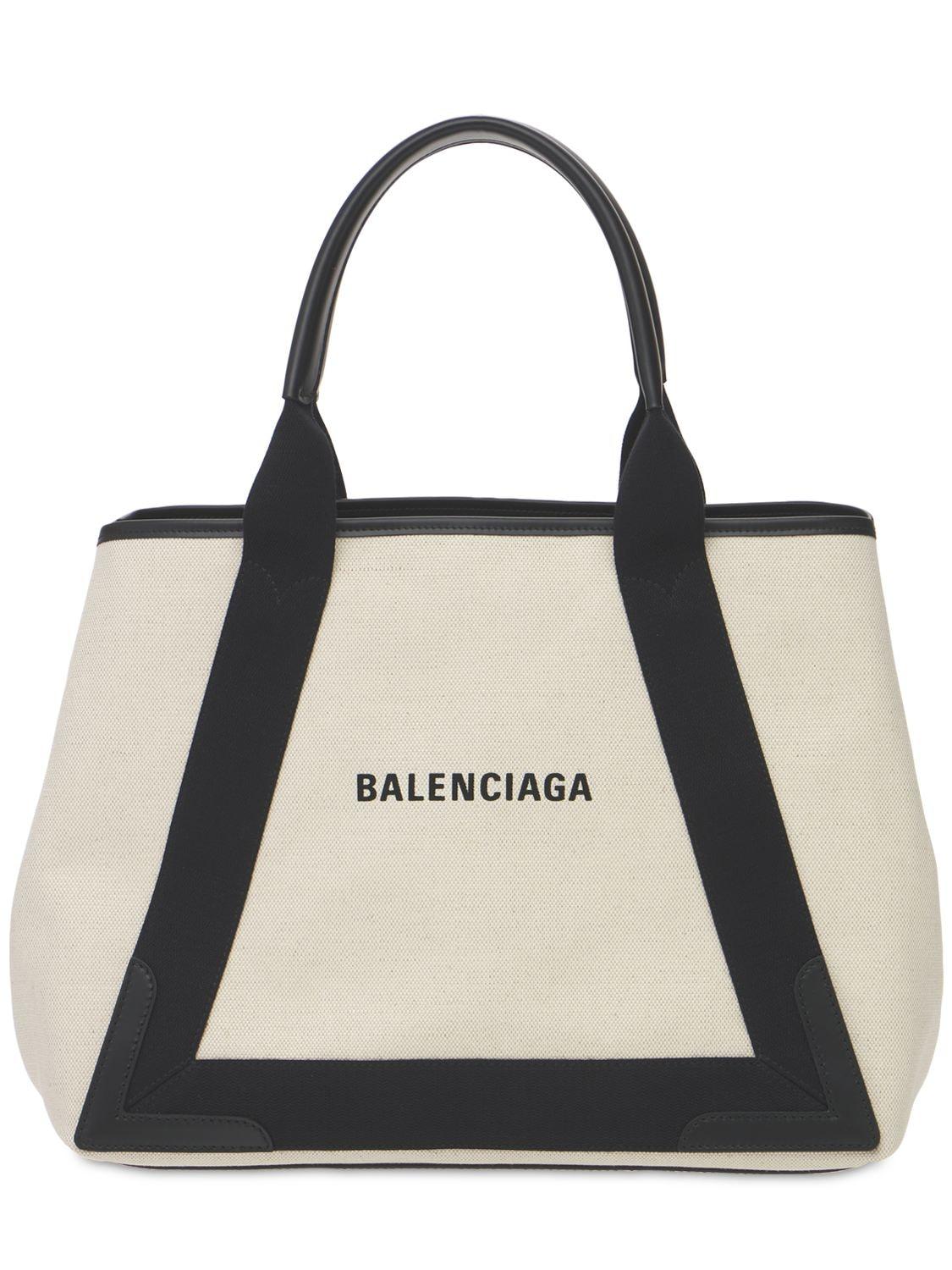 Balenciaga Navy Cabas Medium Leathertrimmed Canvas Tote in Natural  Lyst  Canada
