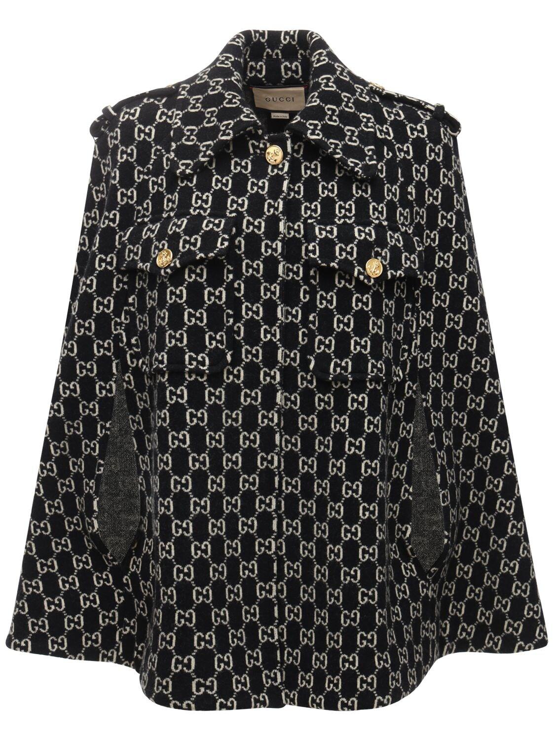 Gucci Logo Felted Wool Jacquard Cape in Black | Lyst