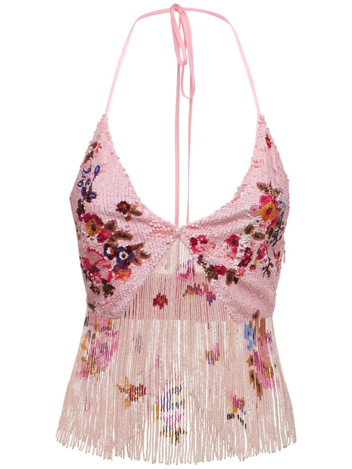 Blumarine Beaded Fringe Halter Neck Top in Pink Lyst