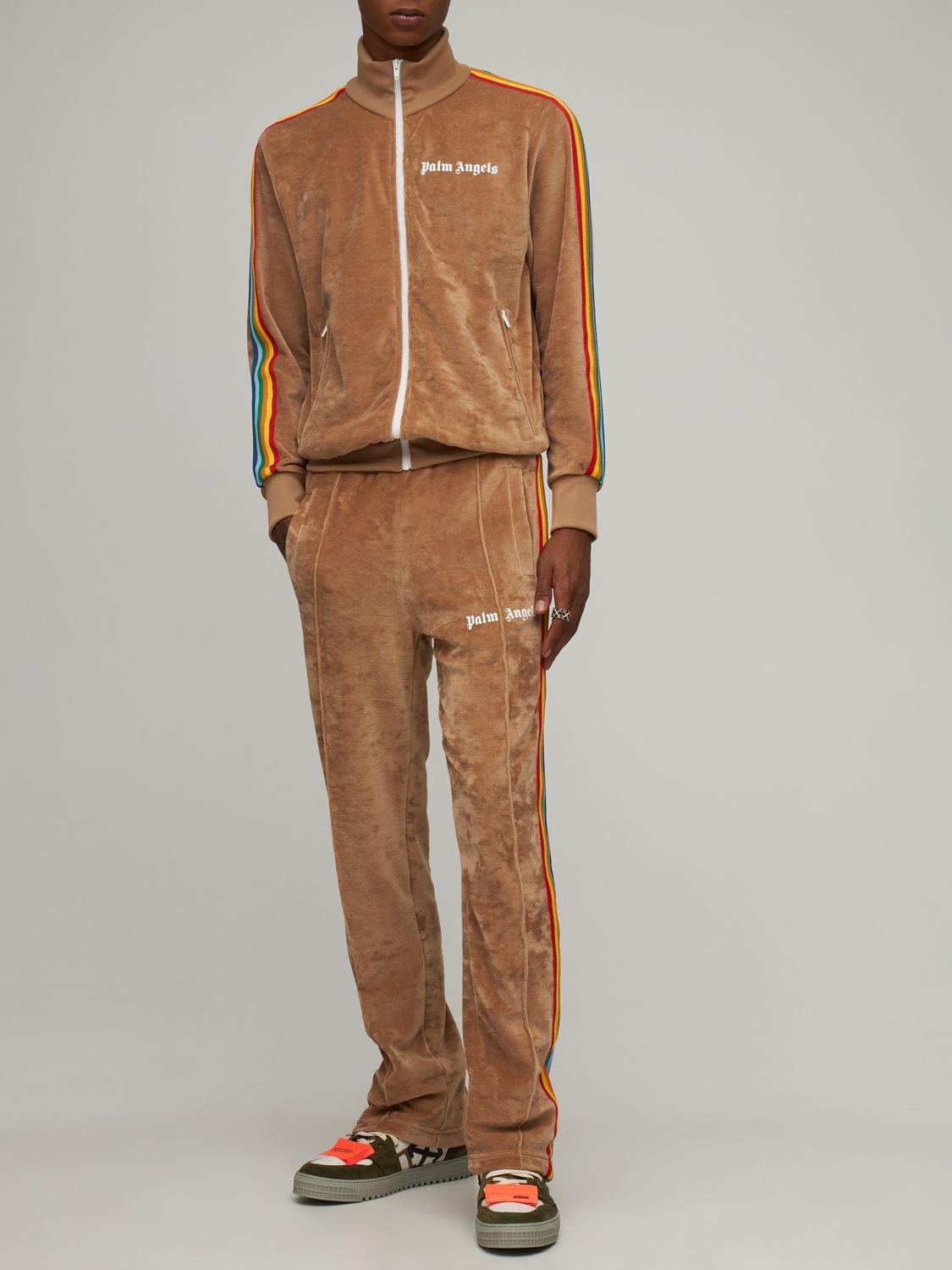 Palm Angels Logo Print Rainbow Chenille Track Pants in Natural for