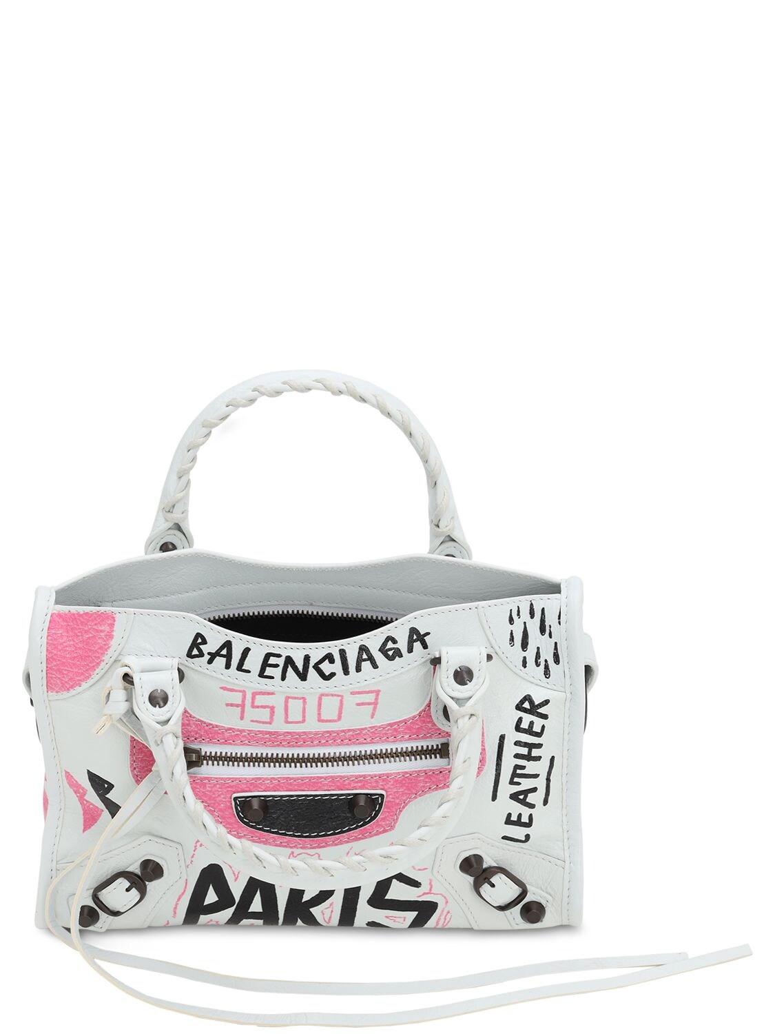 Balenciaga Mini City Graffiti Logo Tote Bag in White