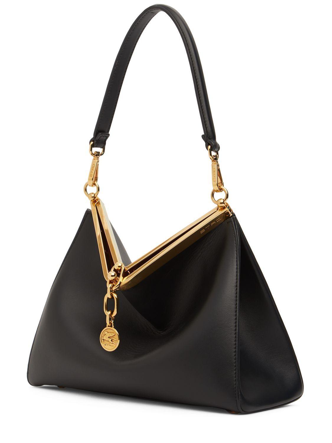 Vela Medium Leather Shoulder Bag in Black - Etro