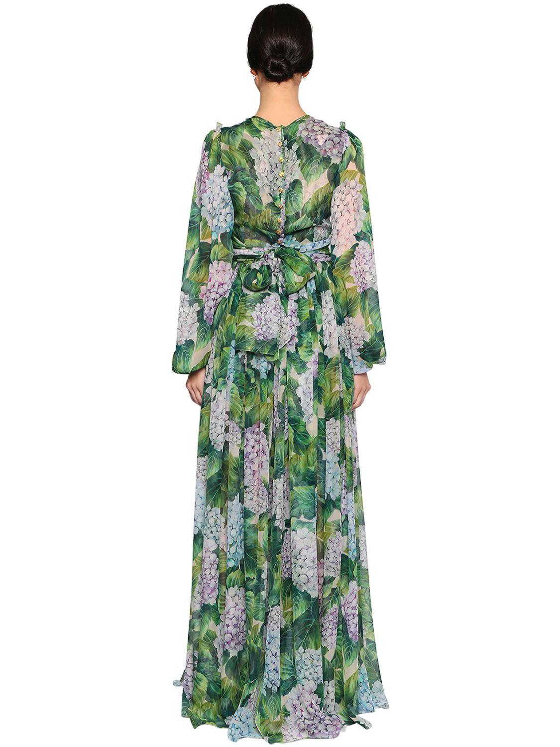 Dolce & Gabbana Hydrangea Printed Silk Chiffon Dress in Green | Lyst UK