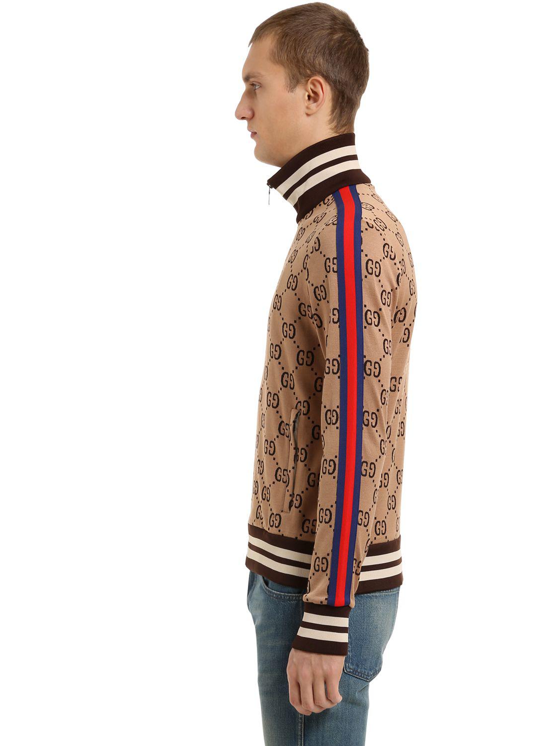 Gucci Gg Zipped Jacquard Track Jacket in Brown for Men | Lyst