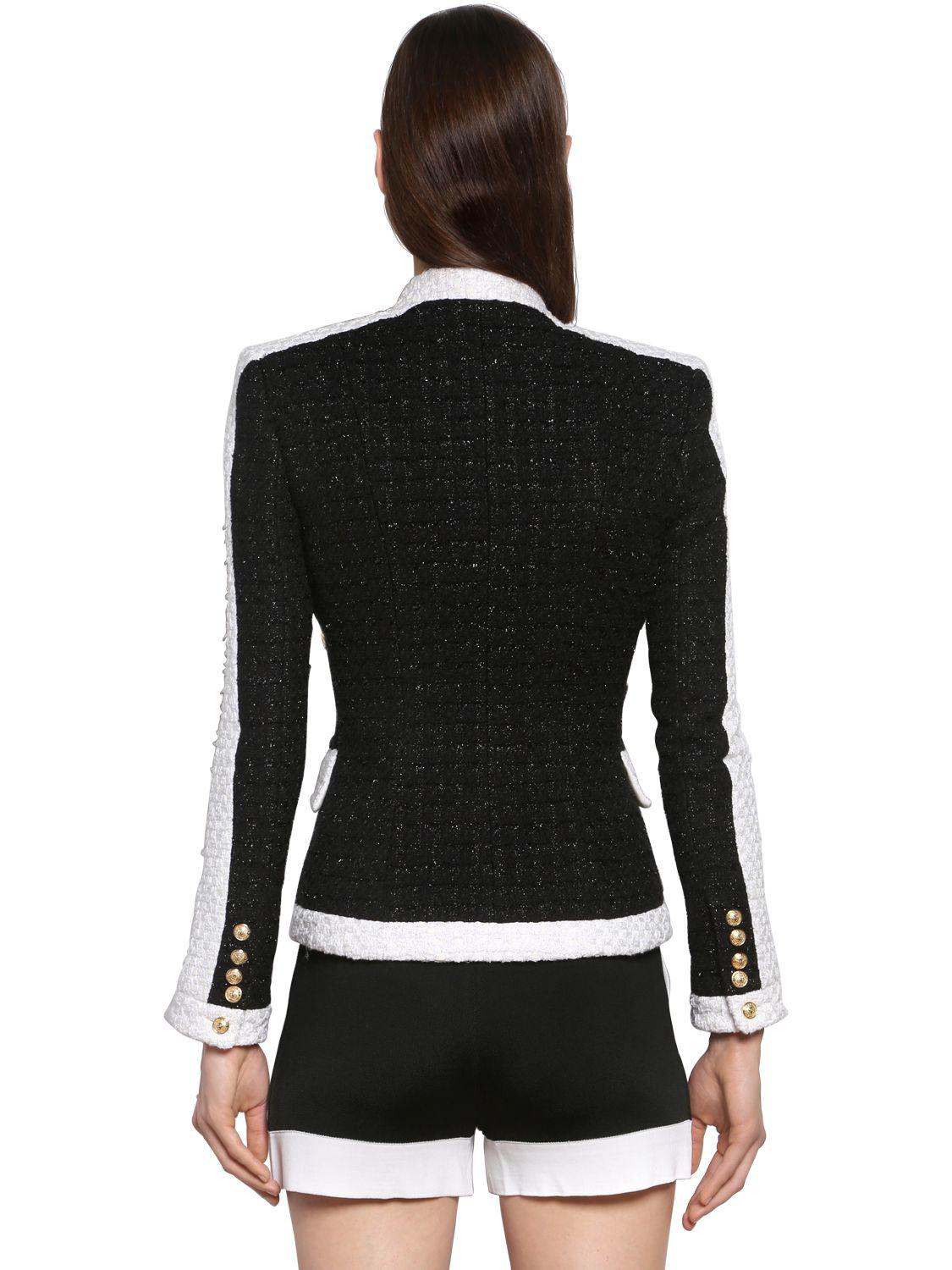 Balmain Lurex Tweed Blazer W/ Gold Buttons in Black/White (Black) - Lyst