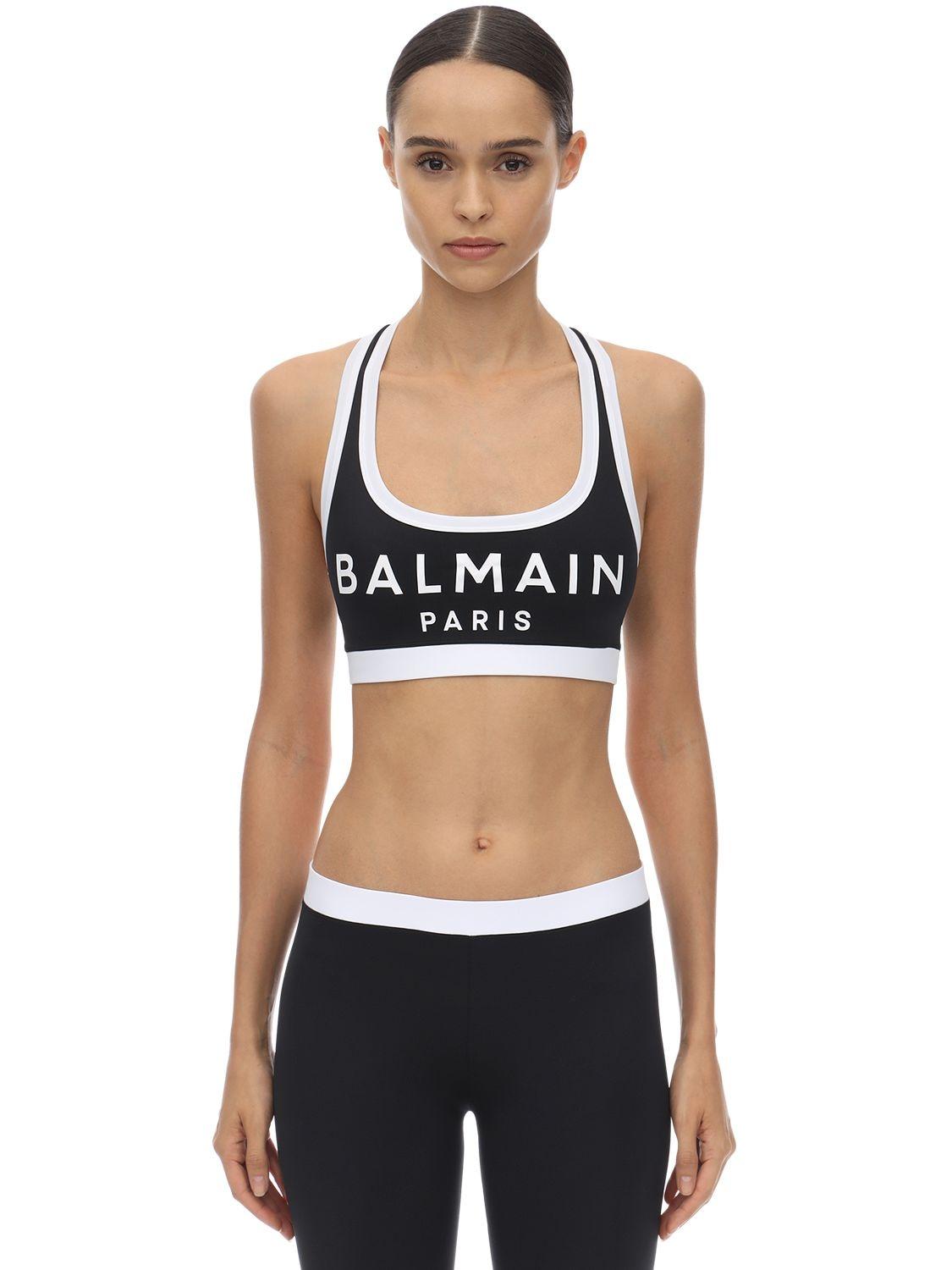 Balmain Logo Stretch Jersey Sports Bra Top in Black