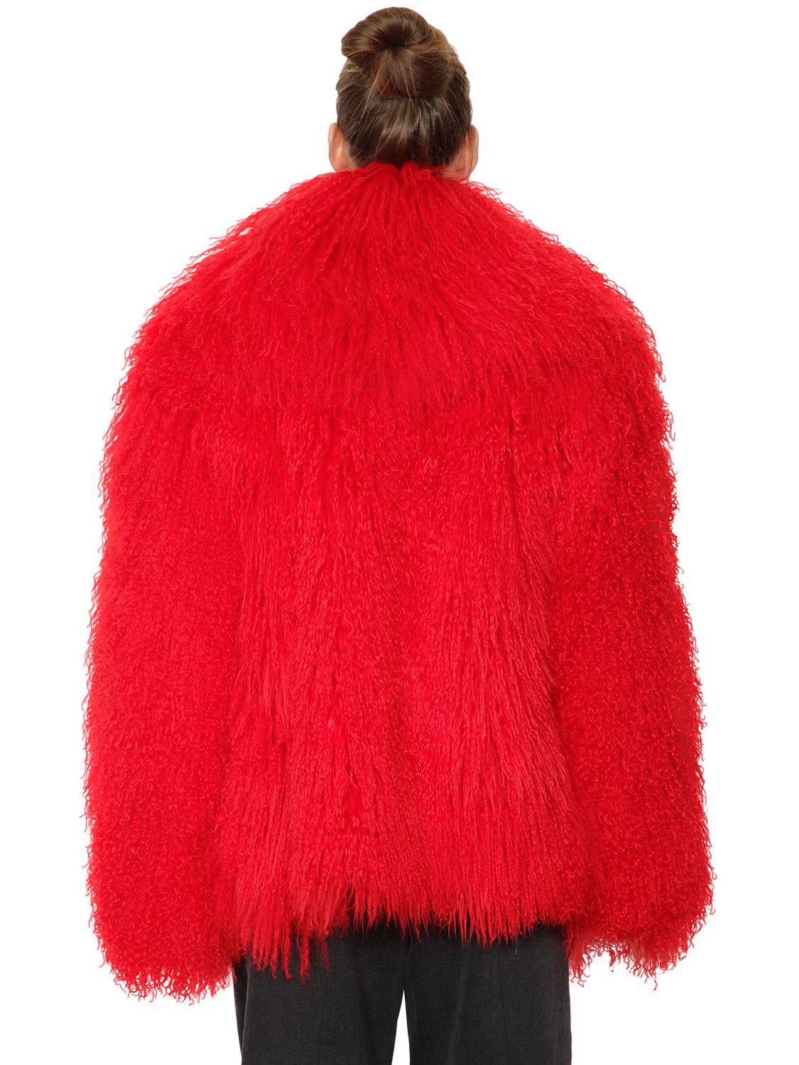 red mongolian fur jacket