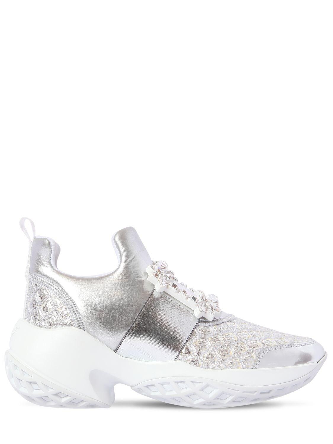 Roger Vivier Leather Viv' Run Strass Buckle Sneakers in Silver 