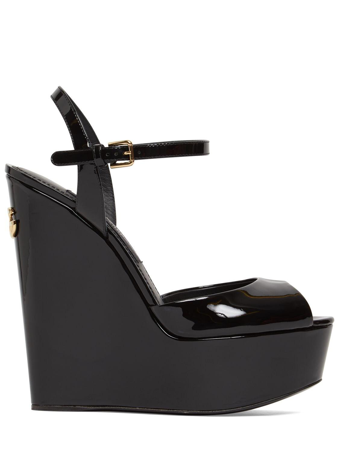 Dolce & Gabbana Logo Patent Platform Wedge Sandal in Black | Lyst UK