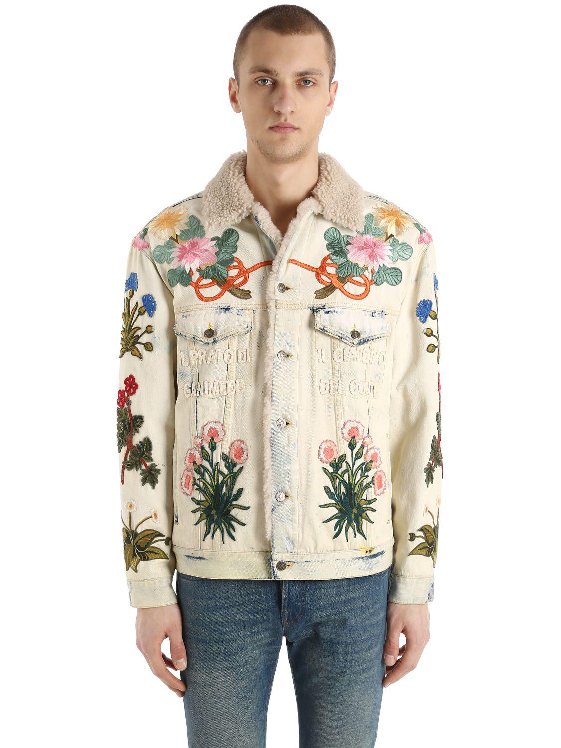 Gucci Embroidered Patch Shearling Denim Jacket in Light Blue for Men