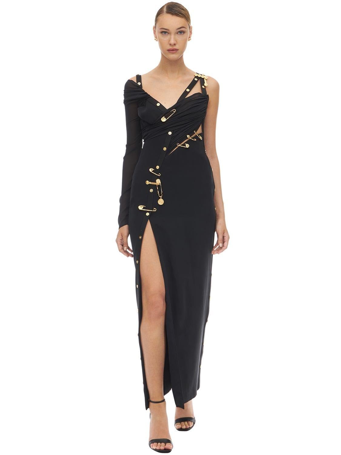 Versace Long Draped Tulle & Crepe Dress W/pins in Black | Lyst Canada