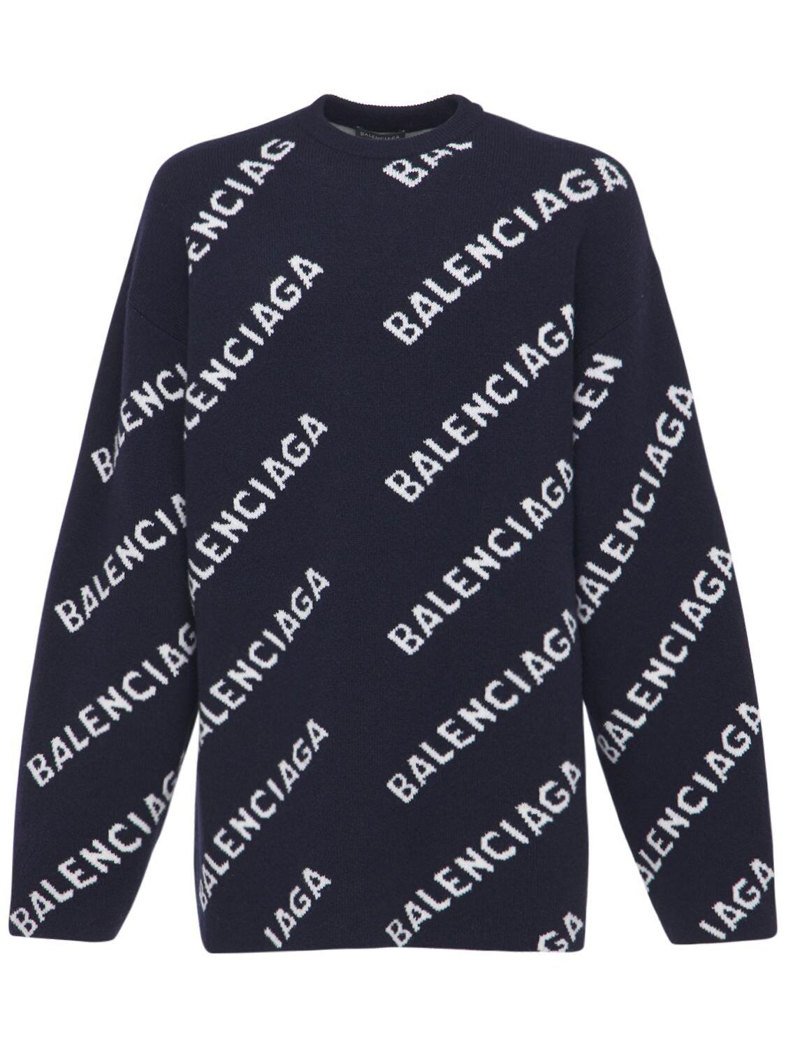 Balenciaga Intarsia-knit Logo Jumper in Blue for Men | Lyst