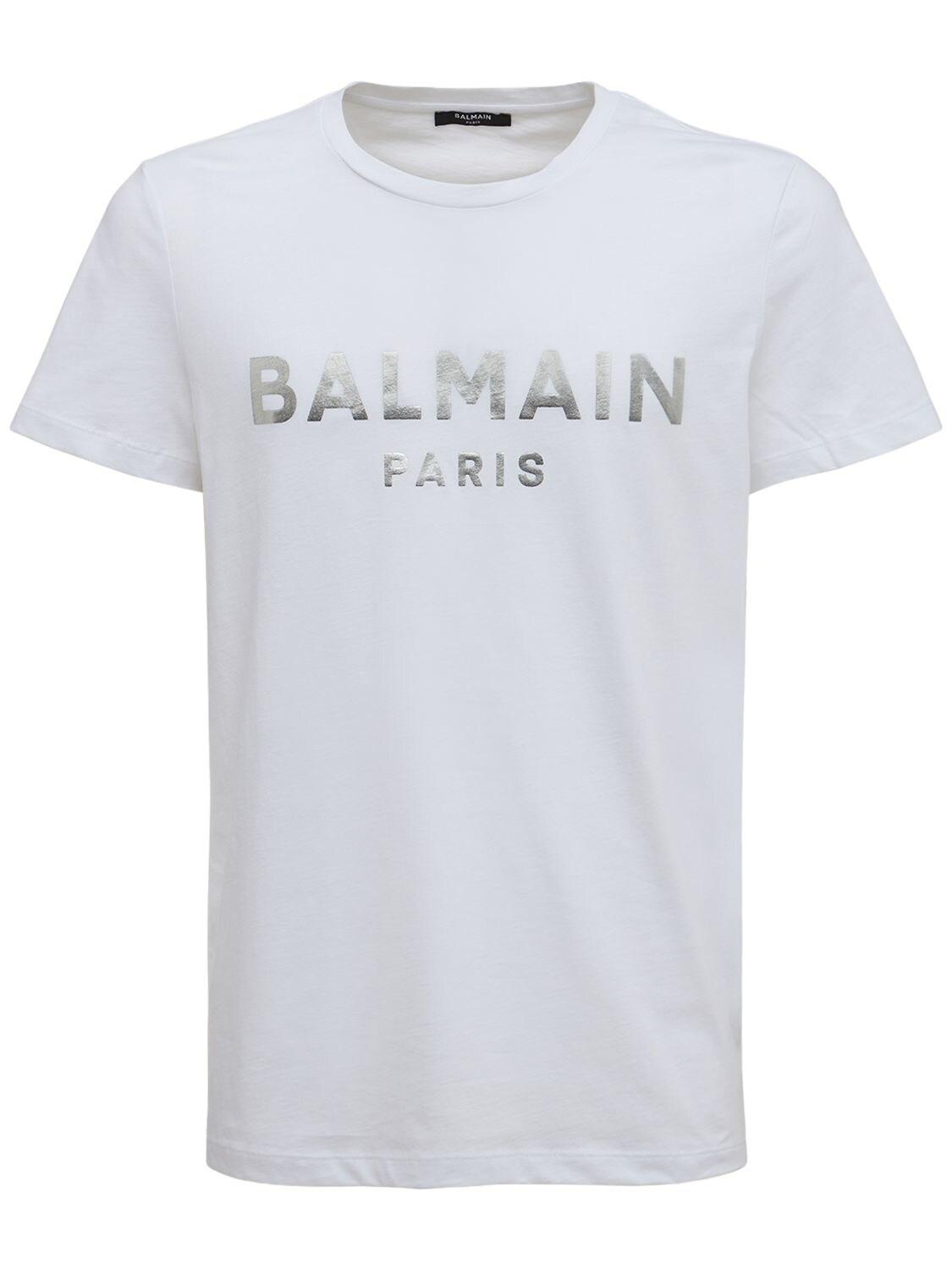 Balmain Logo Foil Cotton Jersey T-shirt in White/Silver (White) for Men -  Lyst