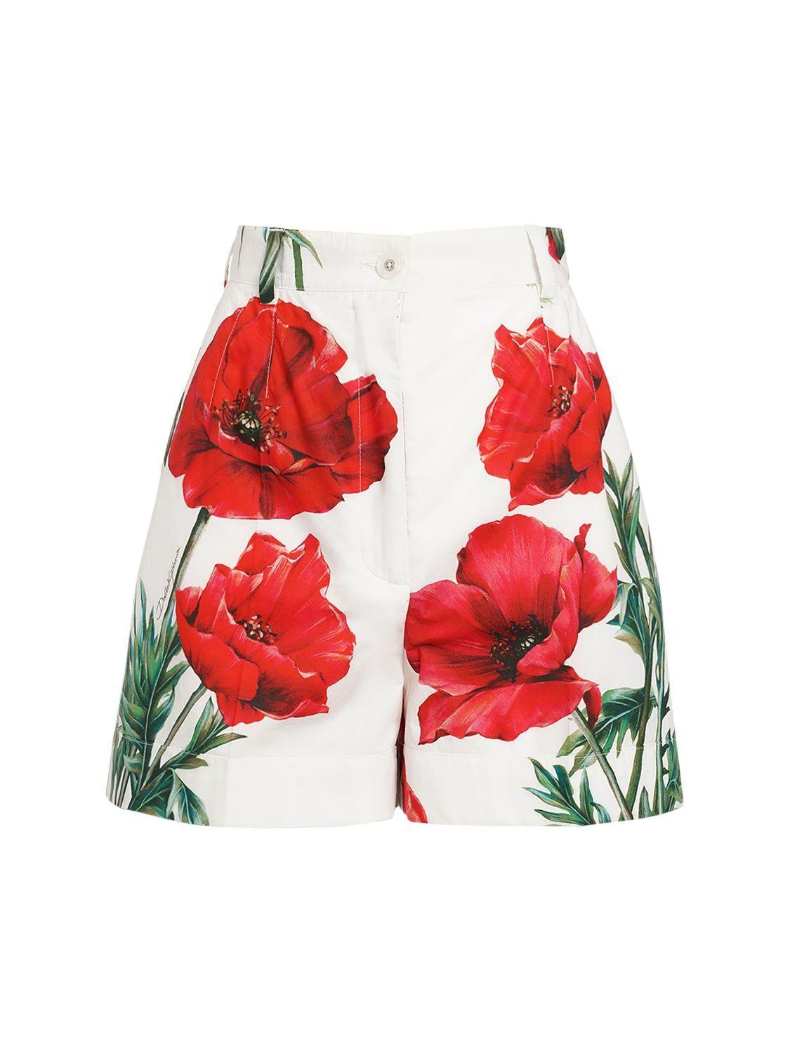 Dolce And Gabbana Poppy Print Cotton Poplin Mini Shorts In Red Lyst